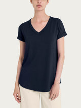 Maglietta con Scollo a V in slub jersey di cotone Blu Donna - Ragno