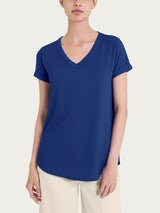 Camiseta con cuello en V de jersey de algodón slub azul para mujer - Ragno
