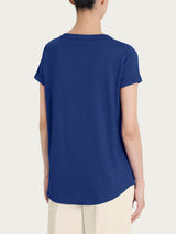 Camiseta con cuello en V de jersey de algodón slub azul para mujer - Ragno