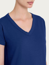 Camiseta con cuello en V de jersey de algodón slub azul para mujer - Ragno