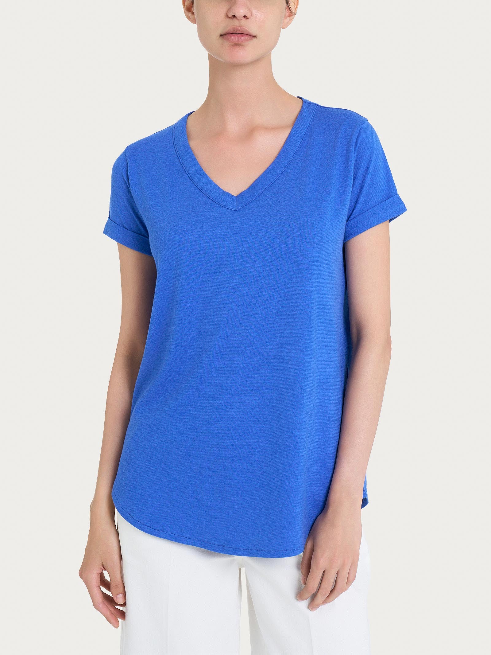 Maglietta con Scollo a V in slub jersey di cotone Blu Donna - Ragno