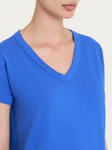 Maglietta con Scollo a V in slub jersey di cotone Blu Donna - Ragno