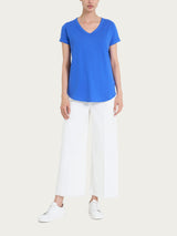 Maglietta con Scollo a V in slub jersey di cotone Blu Donna - Ragno