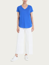 Maglietta con Scollo a V in slub jersey di cotone Blu Donna - Ragno
