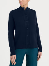 Cárdigan asimétrico con cuello alto en azul «Super Soft» para mujer - Ragno
