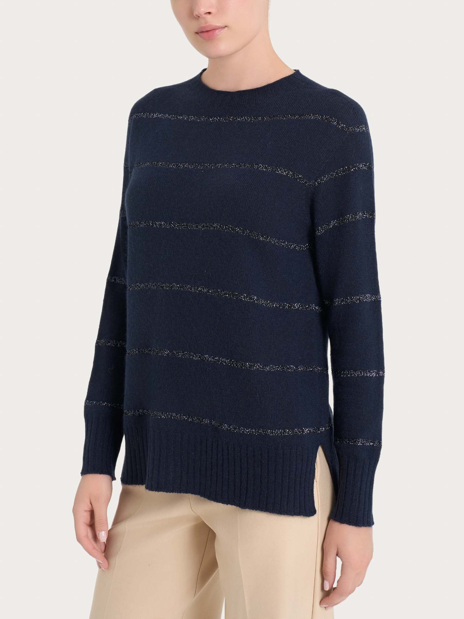 Maglia girocollo a righe in misto angora Bleu