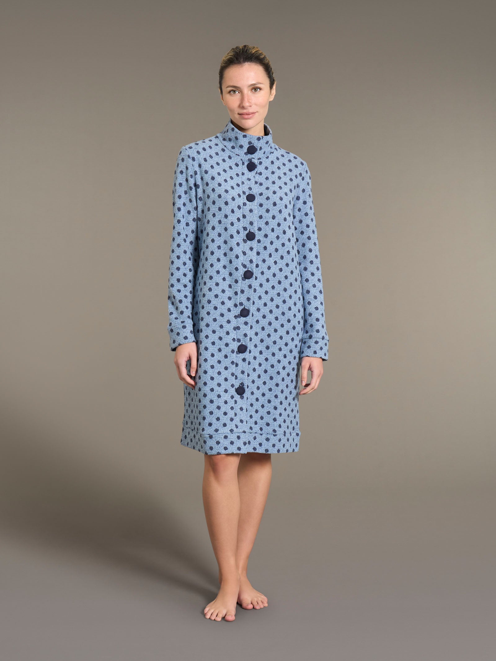 Vestaglia aperta con collo alto a pois in Cotton Eco Pile Fant