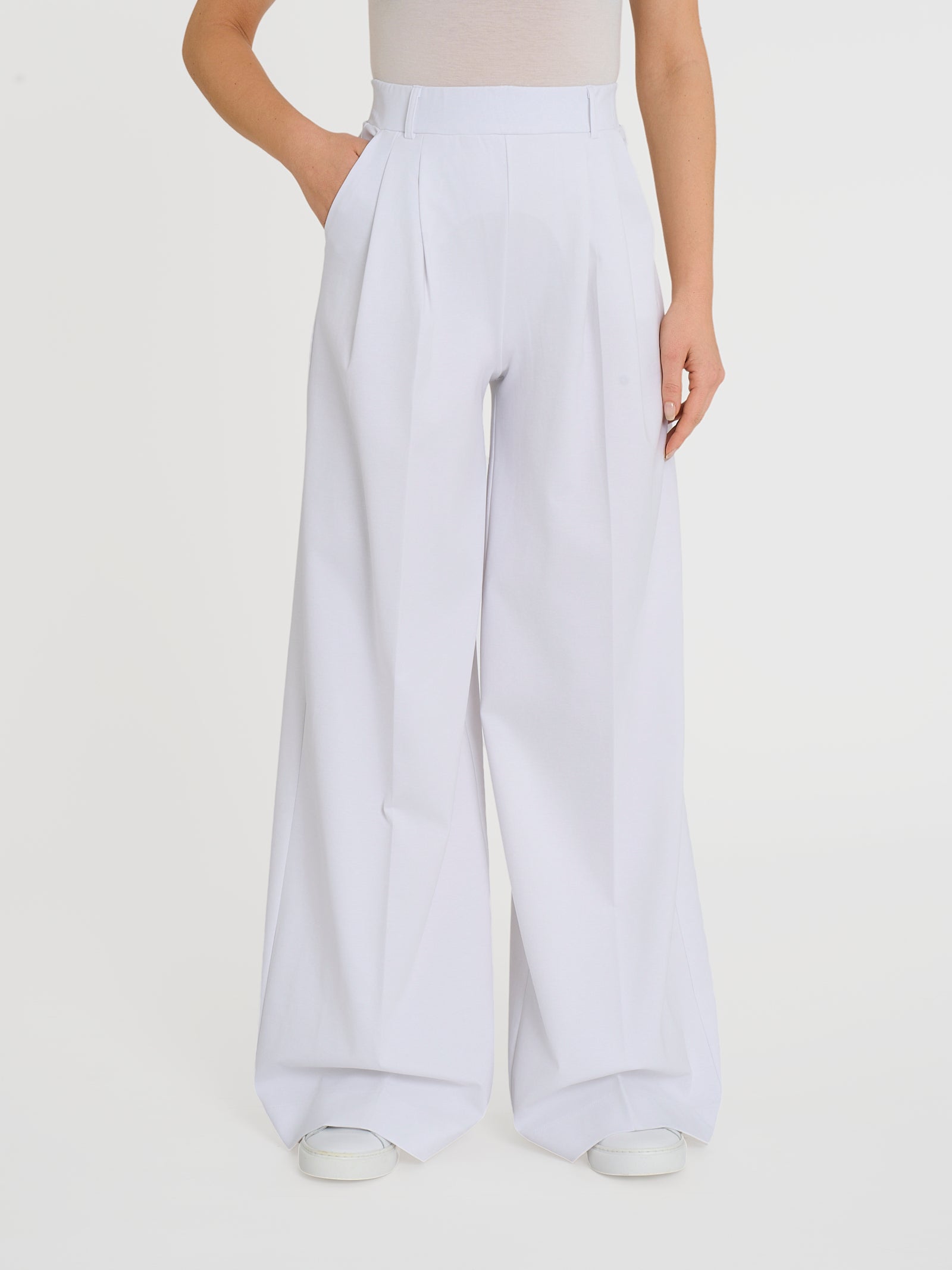 Long Palazzo Pants With Pockets And Pinces In Compact Light White Ragno Long Palazzo Pants With Pockets And Pinces In Compact Light White Ragno