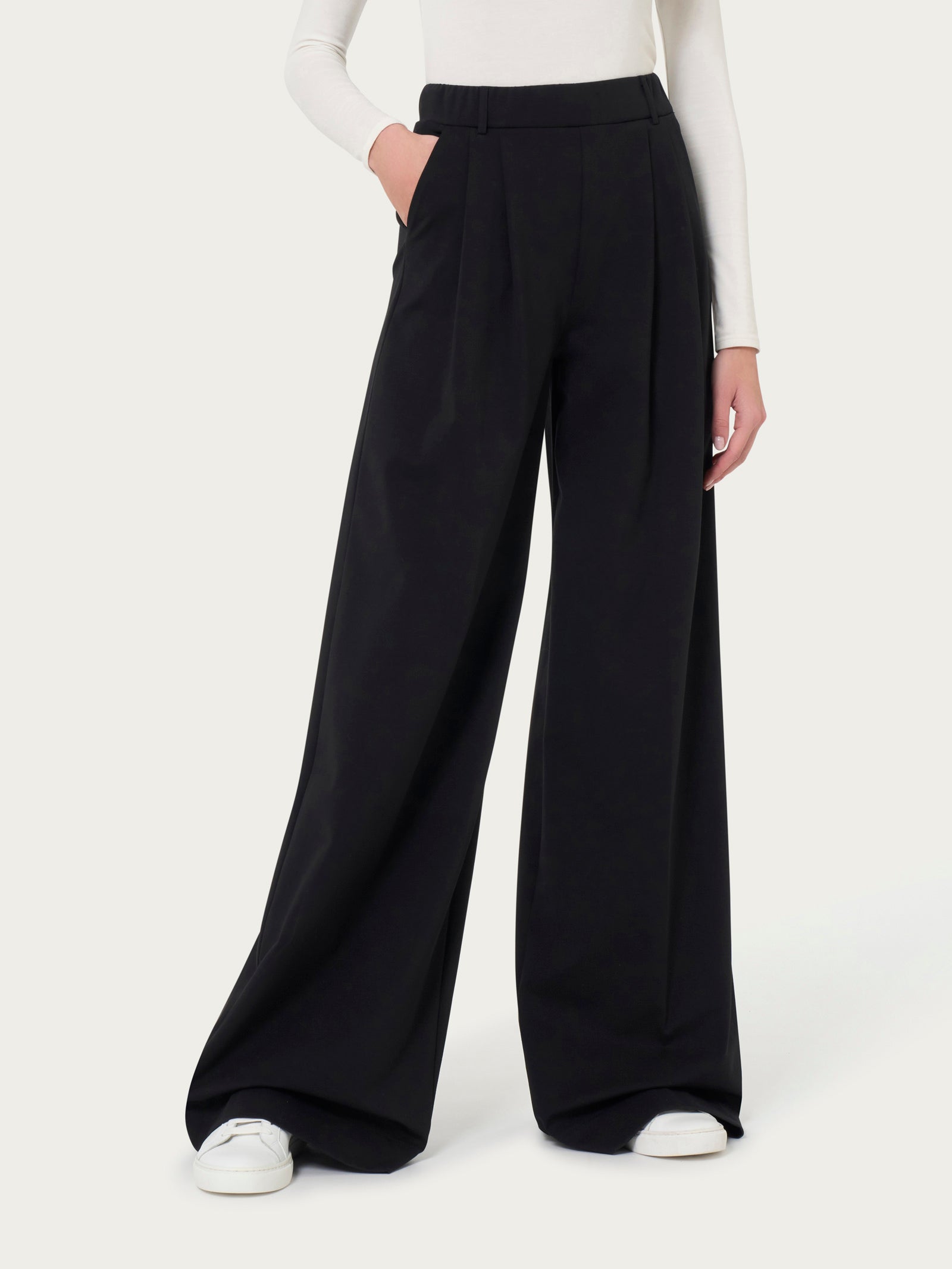 Pantalone lungo a palazzo con tasche e pinces in Compact Light Neri Donna - Ragno