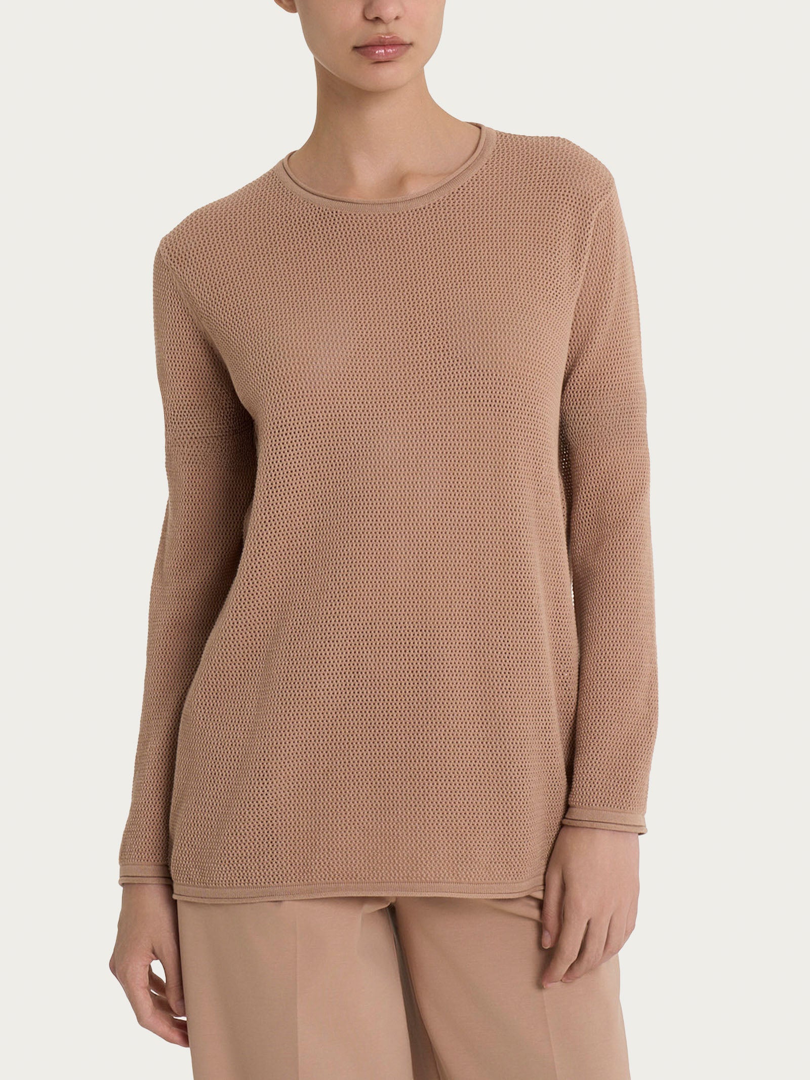 Maglia a manica lunga con punto rete in puro cotone Warm Taupe
