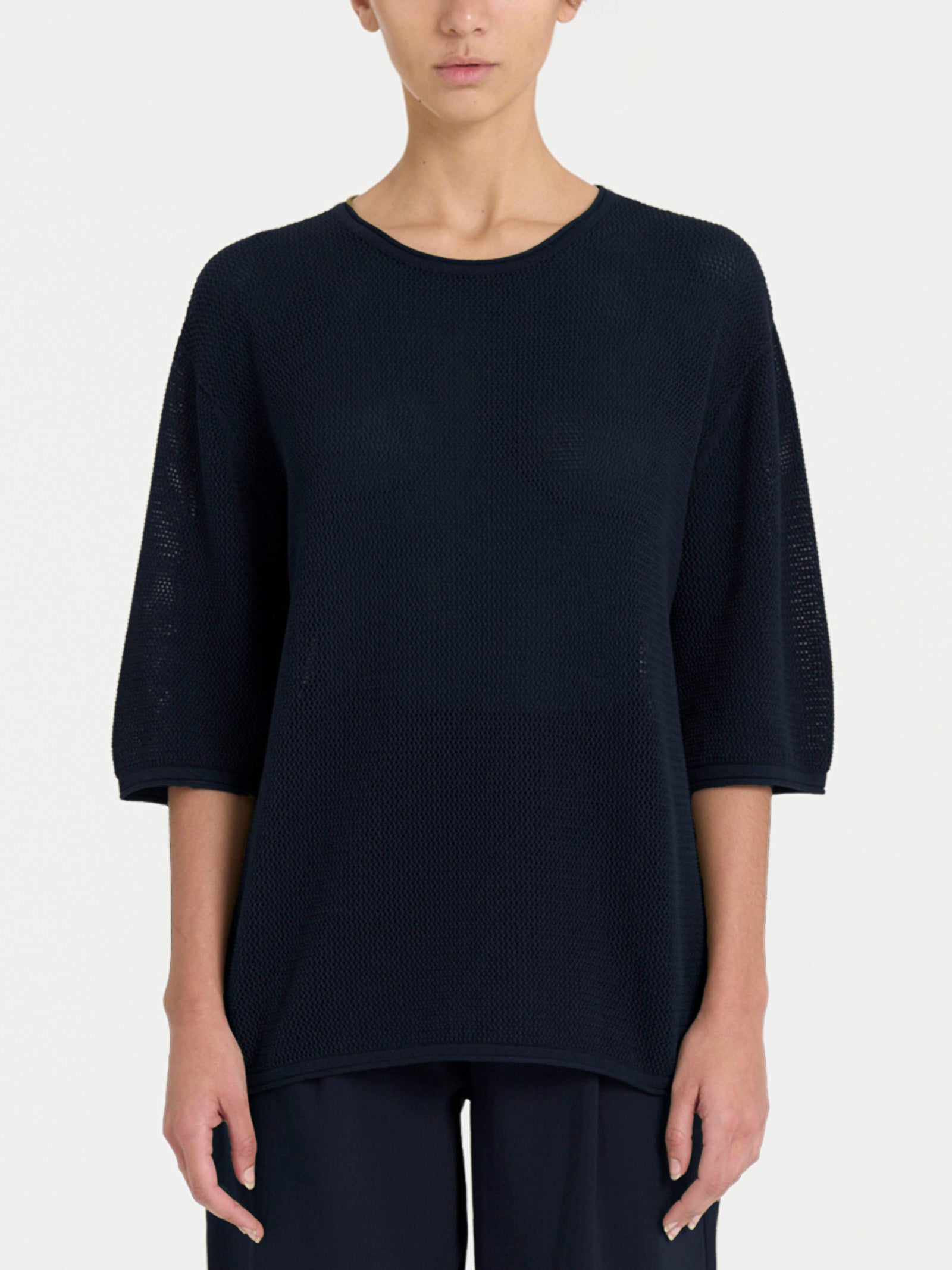 Maglia girocollo con punto rete in puro cotone Blu Donna - Ragno