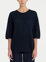 Maglia girocollo con punto rete in puro cotone Blu Donna - Ragno
