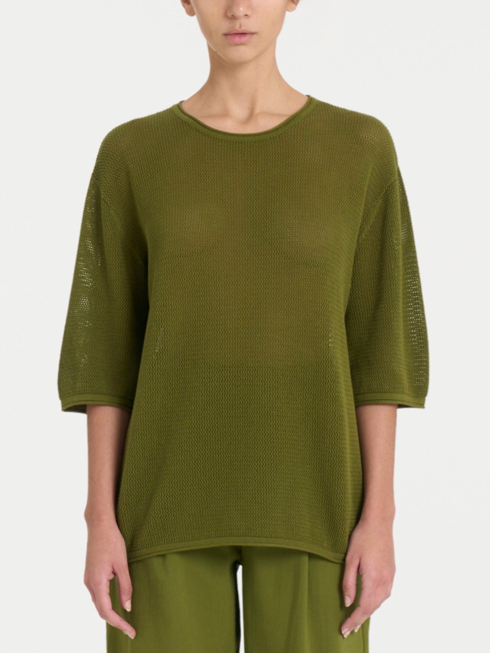 Maglia girocollo con punto rete in puro cotone Verdi Donna - Ragno