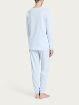 Pigiama lungo tinta unita con scollo a V in Jersey di cotone Azzurri Donna - Ragno