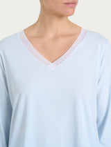 Pigiama lungo tinta unita con scollo a V in Jersey di cotone Azzurri Donna - Ragno