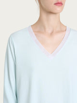 Pigiama lungo tinta unita con scollo a V in Jersey di cotone Azzurri Donna - Ragno