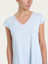 Camicia da notte tinta unita con scollo a V in Jersey di Cotone Azzurri Donna - Ragno