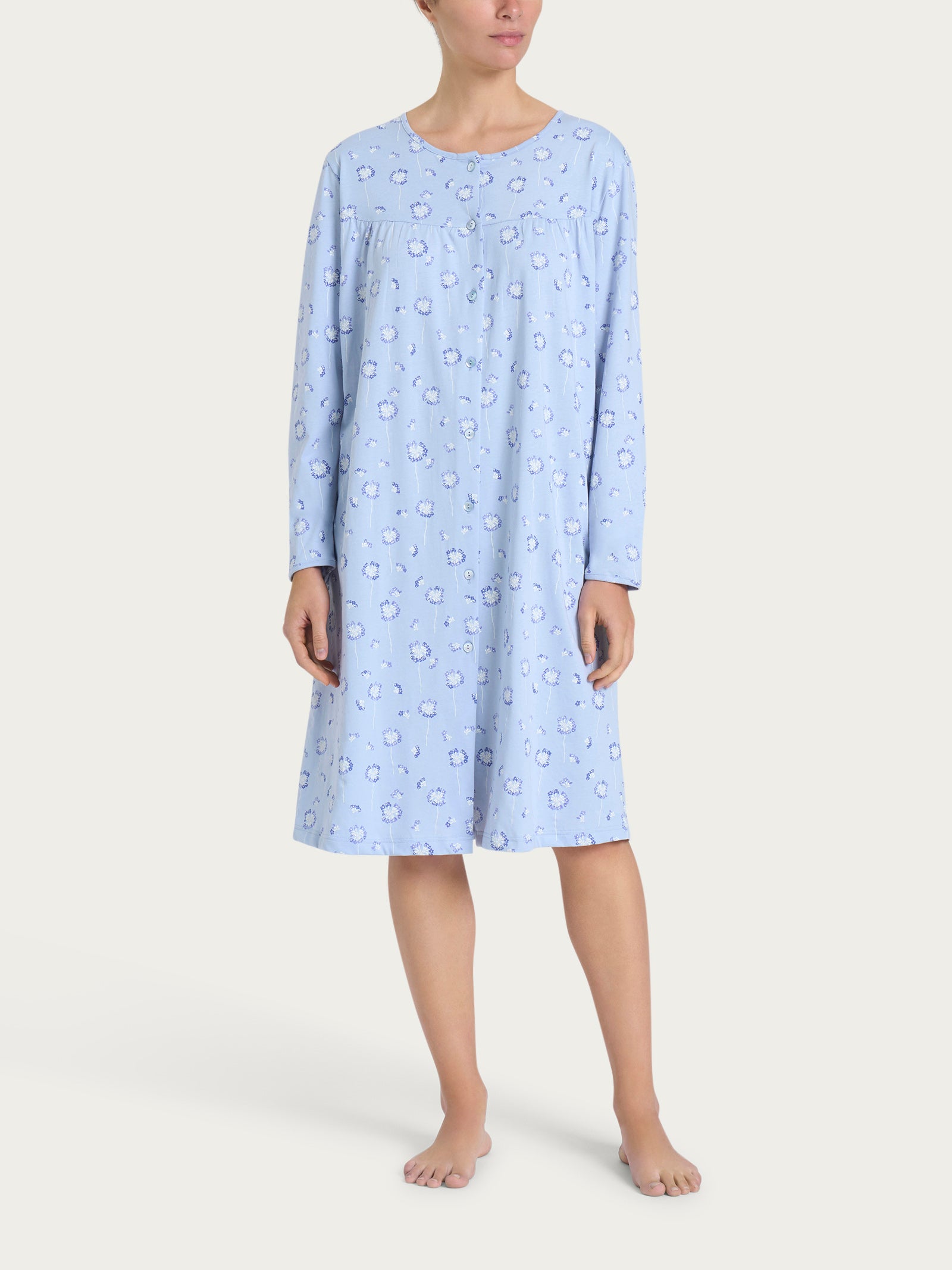 Camicia Da Notte Donna Maniche Lunghe In Jersey Di Cotone Blu - Taglie Dalla 40 Alla 48 (S-XXL)