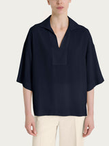 Blusa con cuello de polo de Velo de Viscosa Satinada Azul para mujer - Ragno