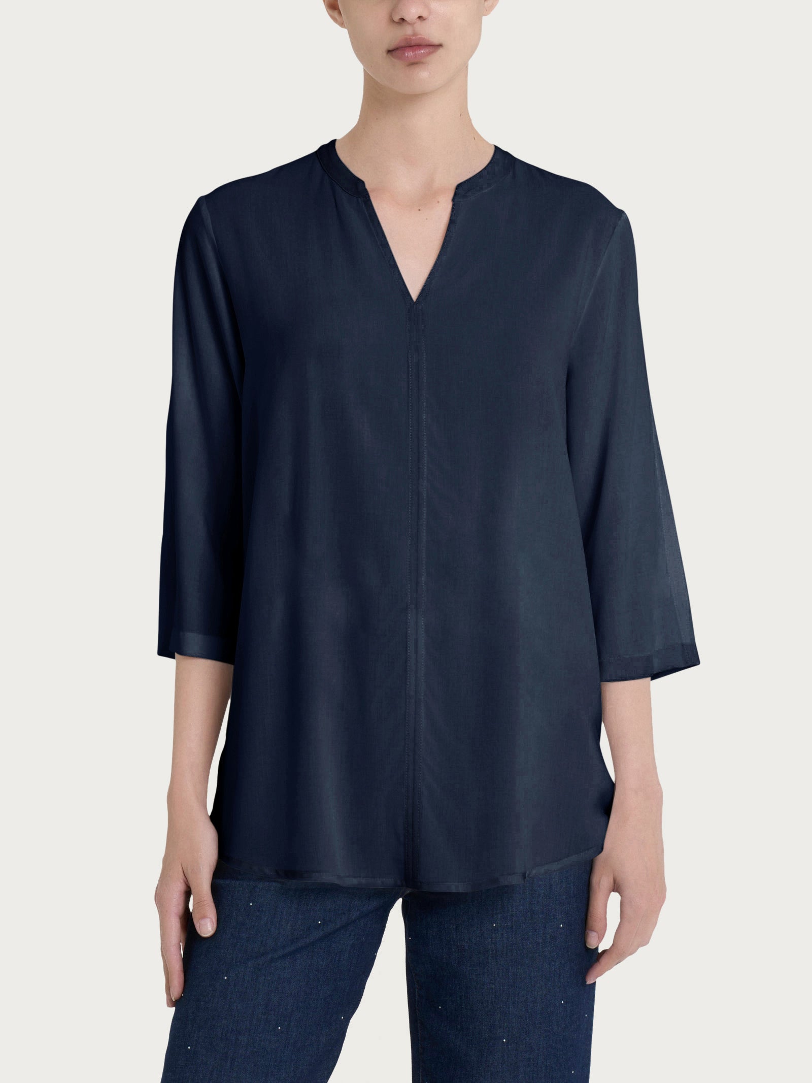 Blusa con collo alla coreana e manica 3/4 in Ecoseta Blu Donna - Ragno