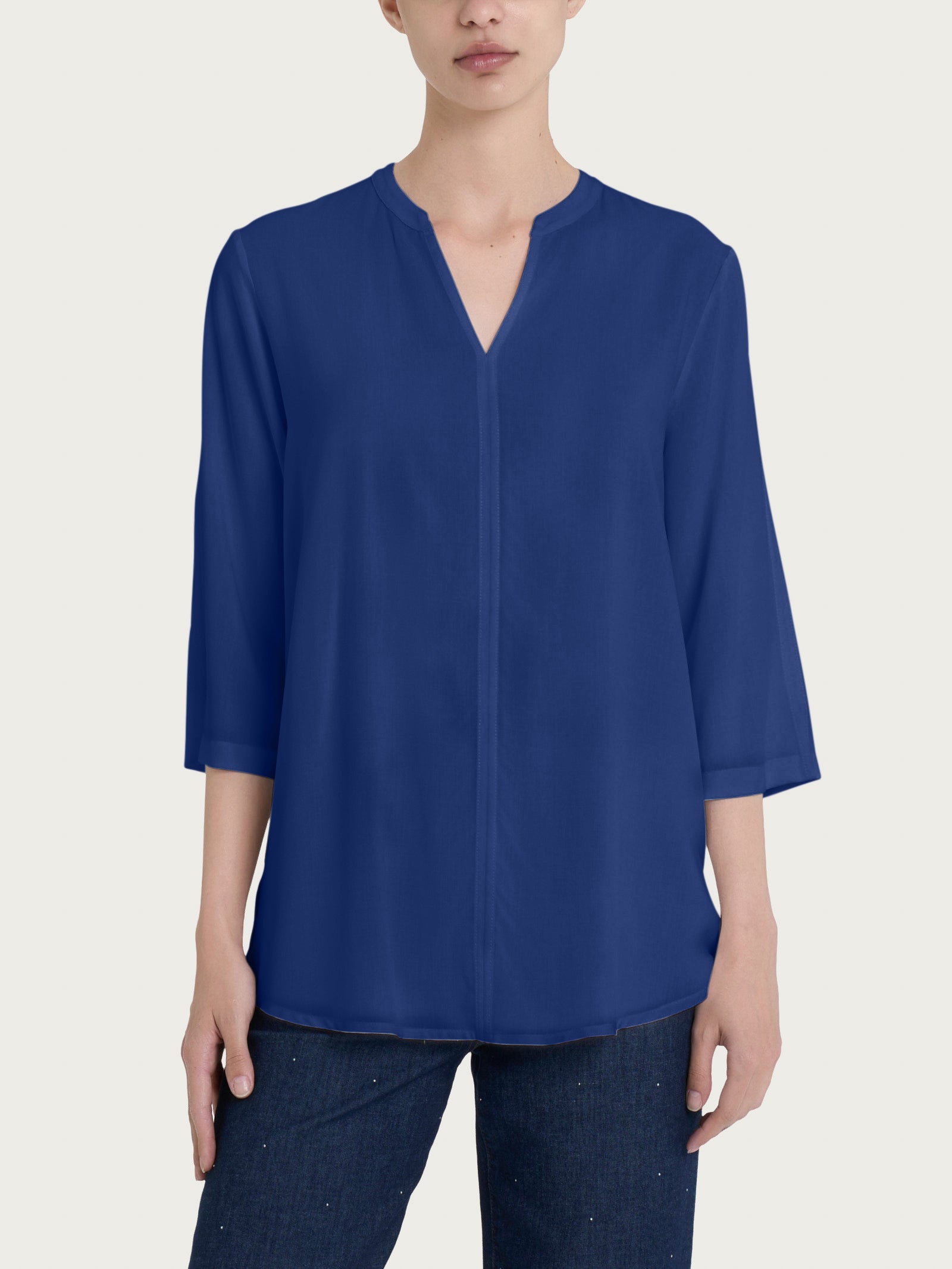 Blusa con collo alla coreana e manica 3/4 in Ecoseta Blu Donna - Ragno