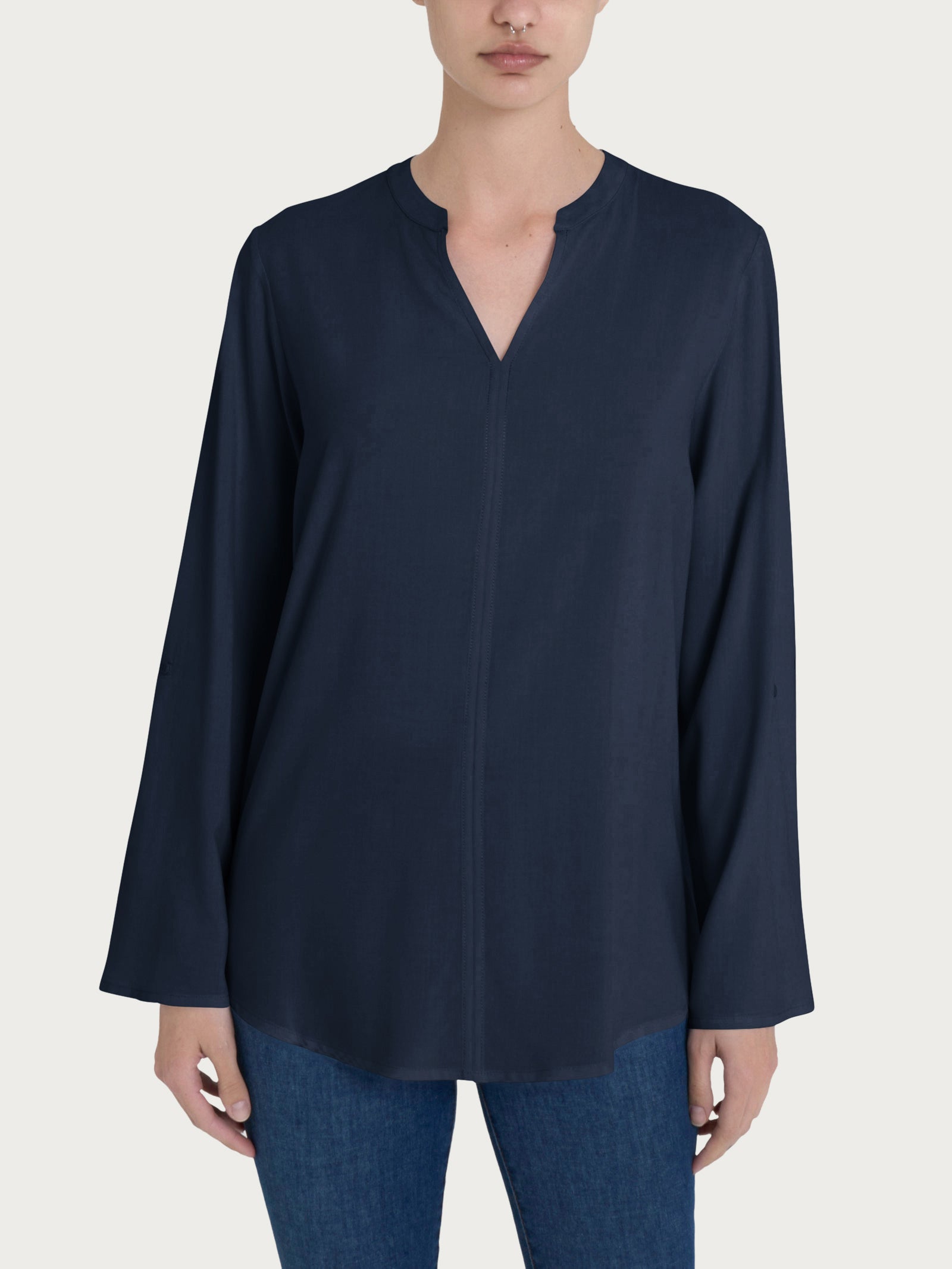 Blusa con collo alla coreana e manica risvoltabile in Ecoseta Blu Donna - Ragno