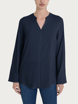Blusa con collo alla coreana e manica risvoltabile in Ecoseta Blu Donna - Ragno