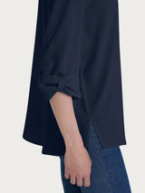 Blusa con collo alla coreana e manica risvoltabile in Ecoseta Blu Donna - Ragno