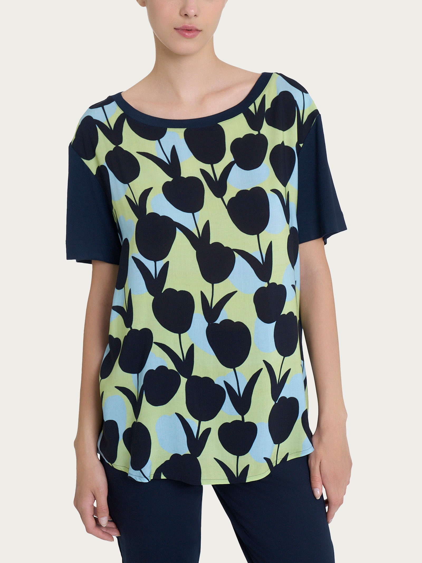 Maglietta con scollo a barchetta e tulips pattern in Misto Viscosa Verdi Donna - Ragno