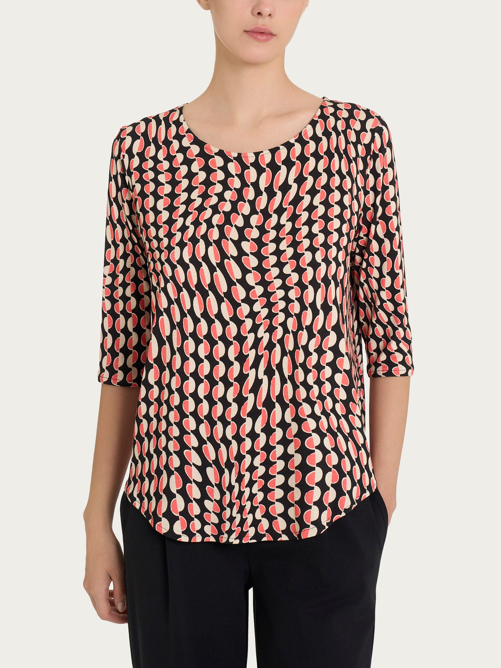 Maglietta girocollo con waves pattern in Crêpe  Neri Donna - Ragno