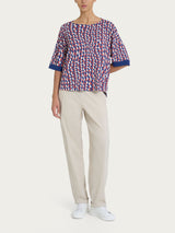 Maglietta girocollo con bordatura e waves pattern in Crêpe   Blu Donna - Ragno