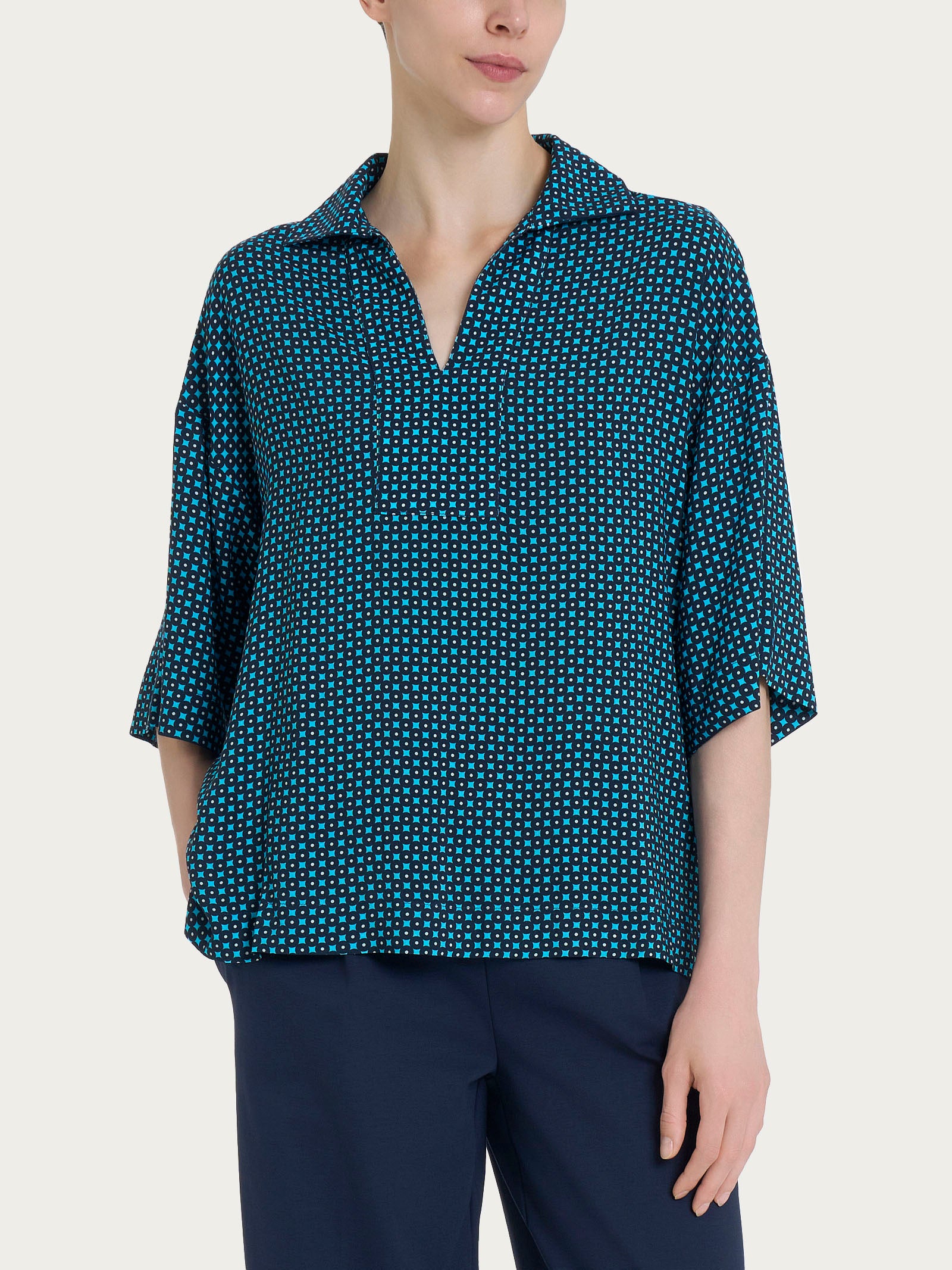 Blusa con colletto e micro pattern in Ecoseta Azzurri Donna - Ragno