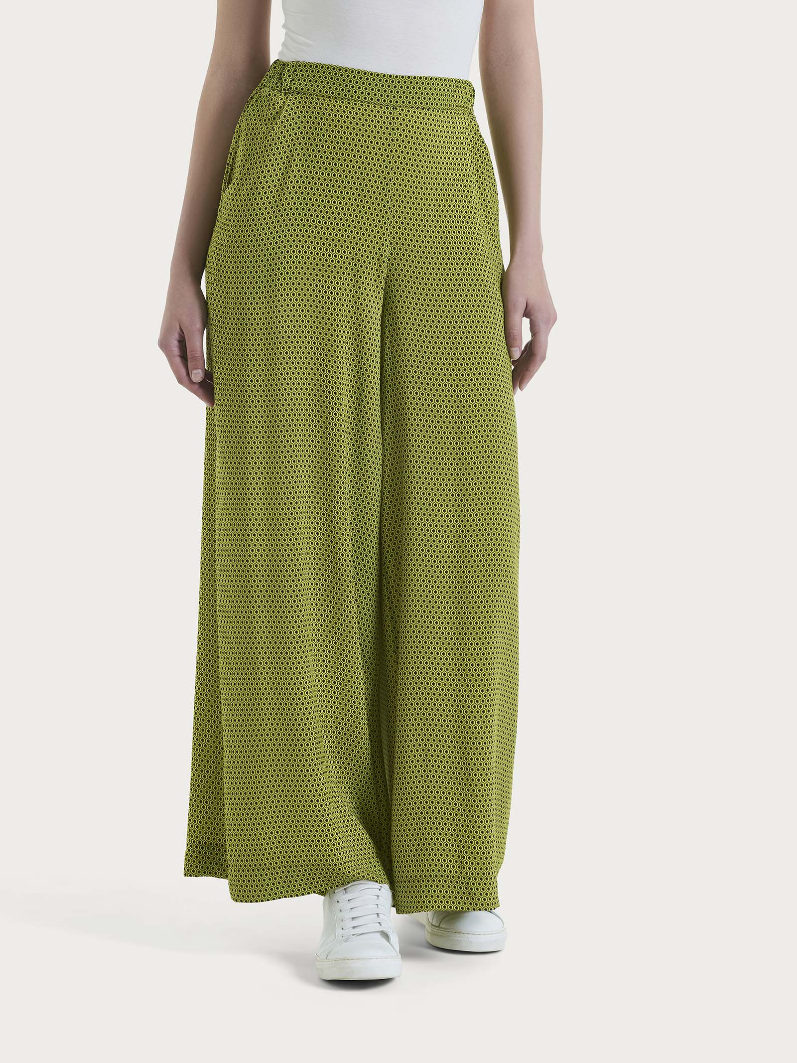 Pantalone a palazzo con tasche e hexagon pattern in Ecoseta  Verdi Donna - Ragno