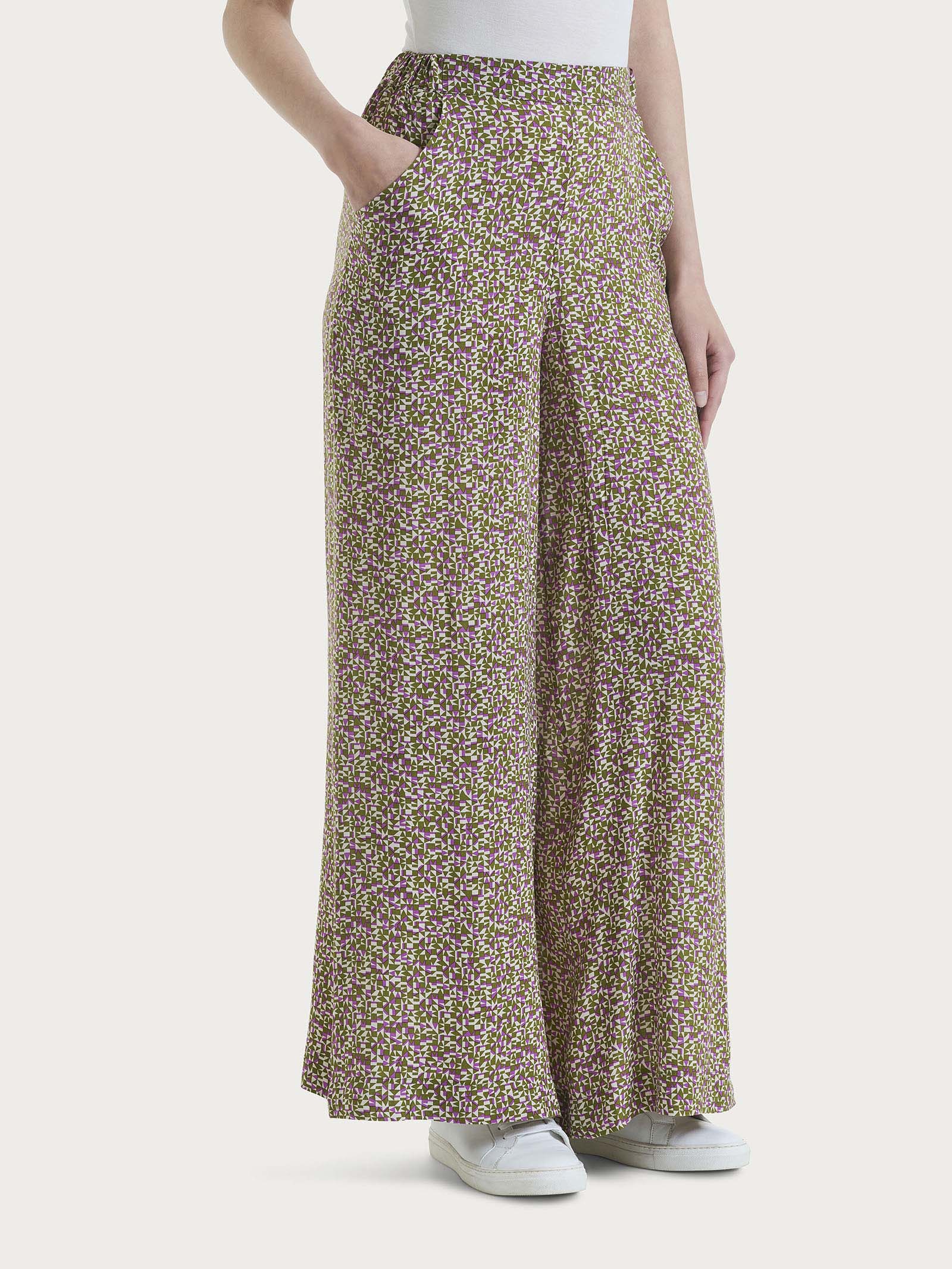 Pantalone a palazzo con tasche e geometic pattern in Ecoseta  Viola Donna - Ragno
