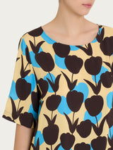 Blusa girocollo con macro tulips pattern in Ecoseta Azzurri Donna - Ragno