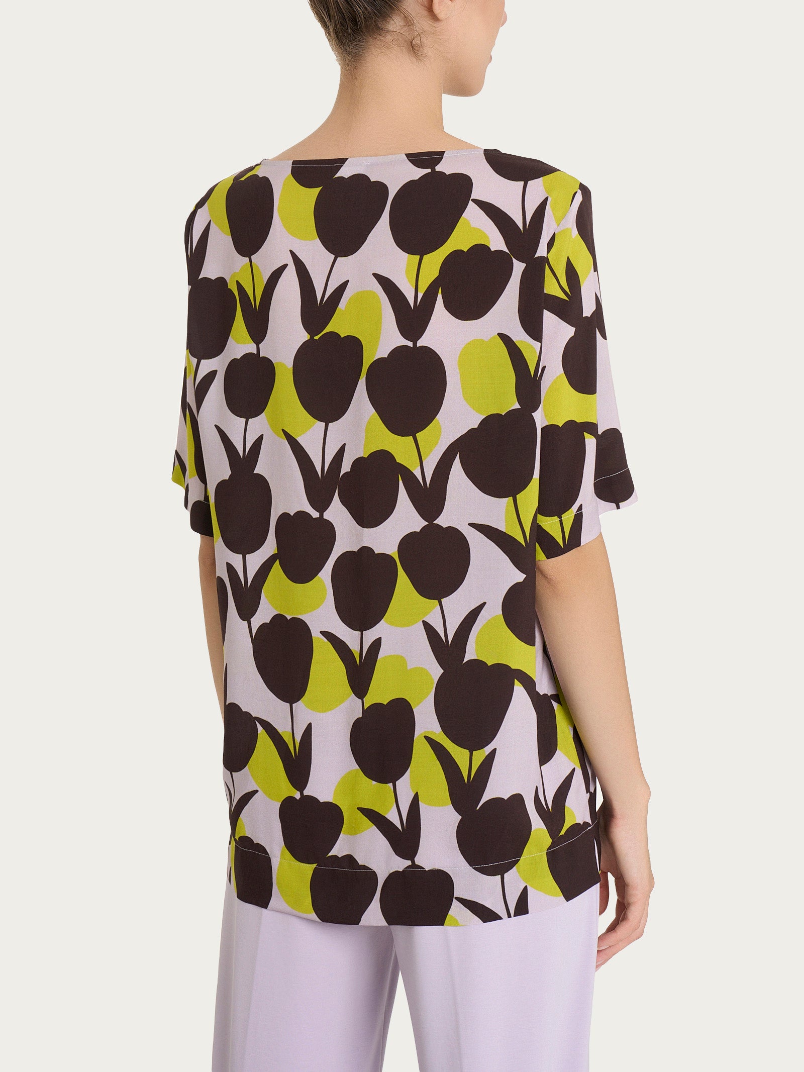 Blusa girocollo con macro tulips pattern in Ecoseta Verdi Donna - Ragno