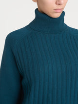 Women's Blue Ribbed Turtleneck Sweater in a Wool and Angora Blend - Ragno