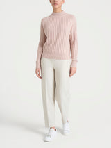 Women's Pink Ribbed Crew Neck Sweater in a Wool and Angora Blend - Ragno