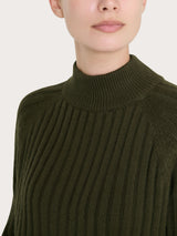 Women's Green Ribbed Crew Neck Sweater in a Wool and Angora Blend - Ragno