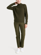 Women's Green Ribbed Crew Neck Sweater in a Wool and Angora Blend - Ragno