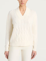 Maglia con scollo a V e trecce alternate in Natural Soft Bianchi Donna - Ragno