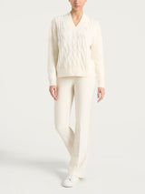 Maglia con scollo a V e trecce alternate in Natural Soft Bianchi Donna - Ragno