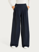 Women's Blue Flannel Twill Palazzo Pants with Pockets and Pleats - Ragno