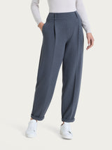Women's Gray Velvet Carrot Pants with Pockets and Pleats - Ragno