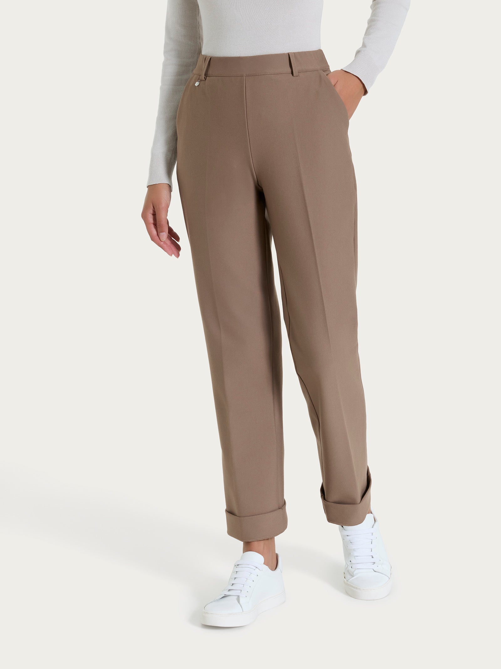 Pantalone ampio con tasche e risvolto in Compact Marroni Donna - Ragno