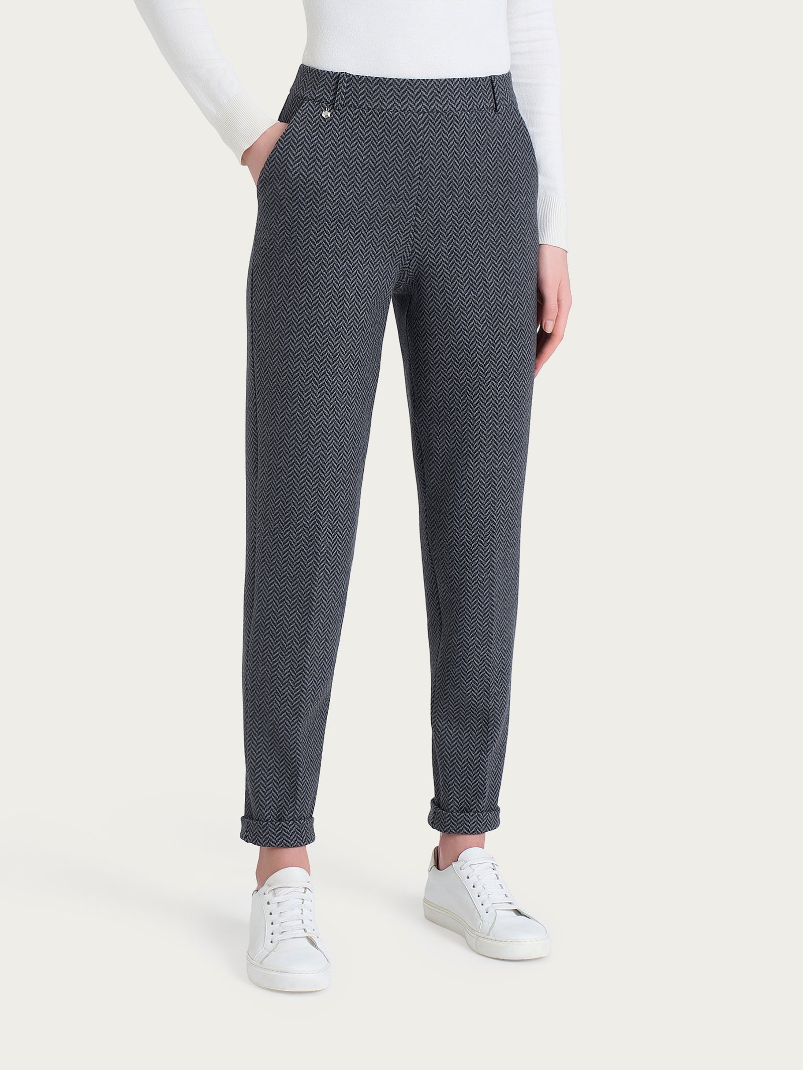 Pantalone in fantasia chino slim con tasche in Eco Jacquard Neri Donna - Ragno