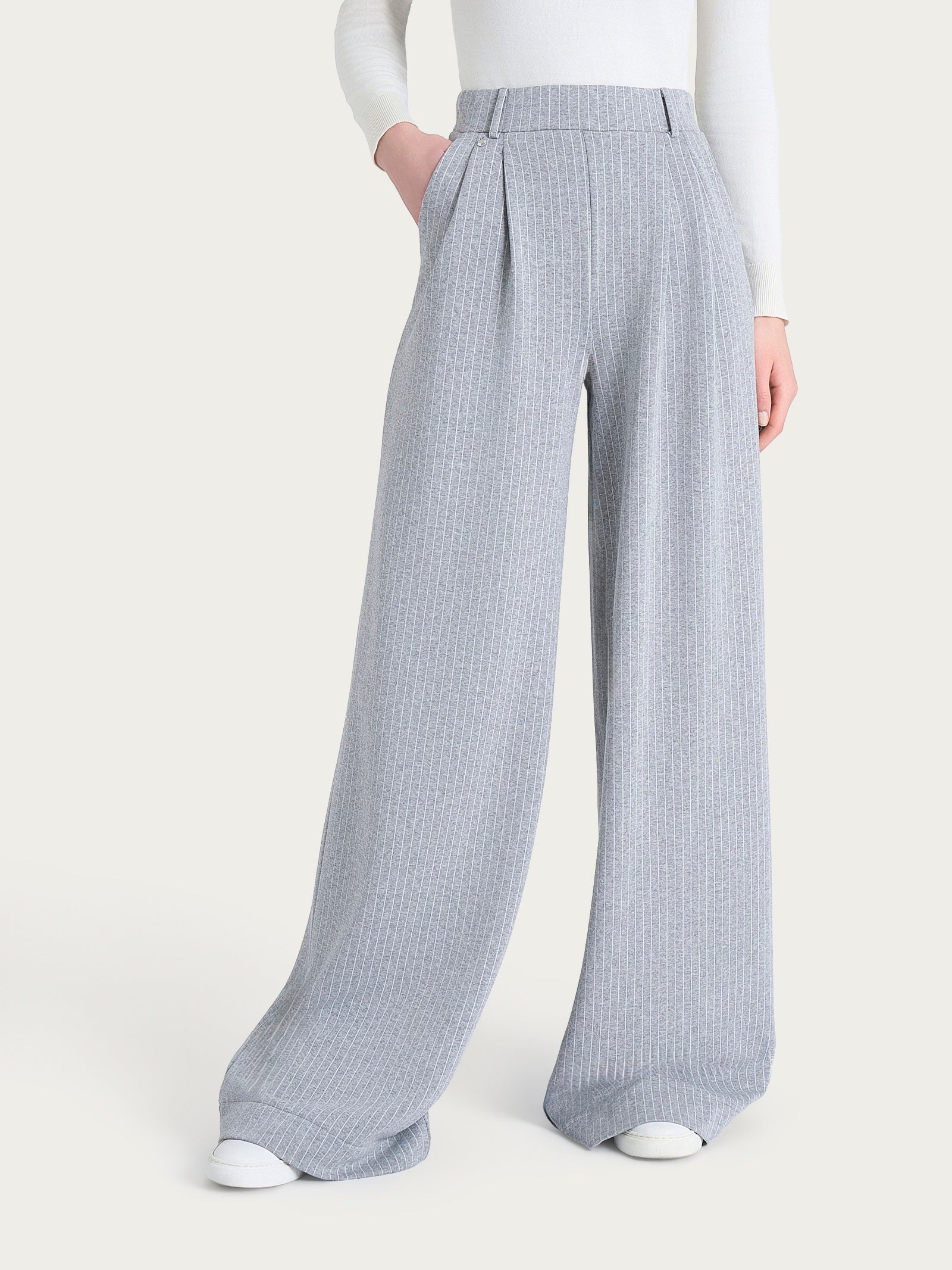 Pantalone gessato a palazzo con tasche e pinces in Eco Jacquard Neri Donna - Ragno