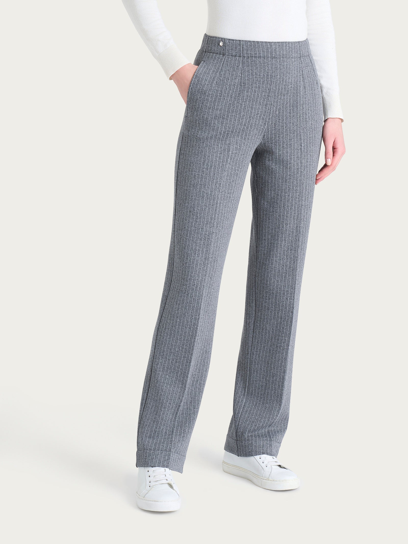 Pantalone gessato dritto con tasche in Eco Jacquard Neri Donna - Ragno