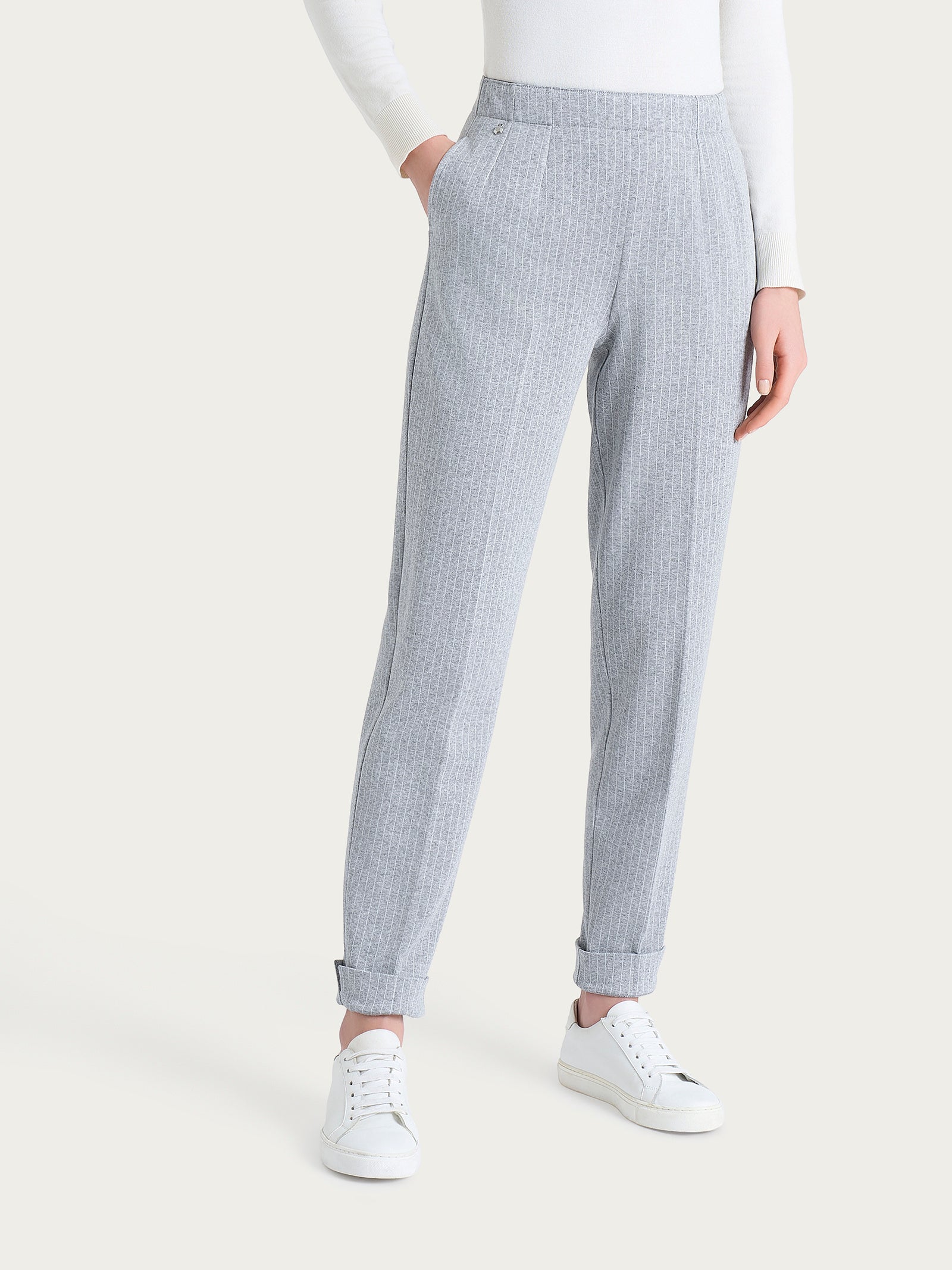 Pantalone gessato a sigaretta con spacchetti in Eco Jacquard Neri Donna - Ragno