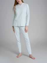 Pigiama con scollo a V in tinta unita in Interlock di cotone Azzurri Donna - Ragno